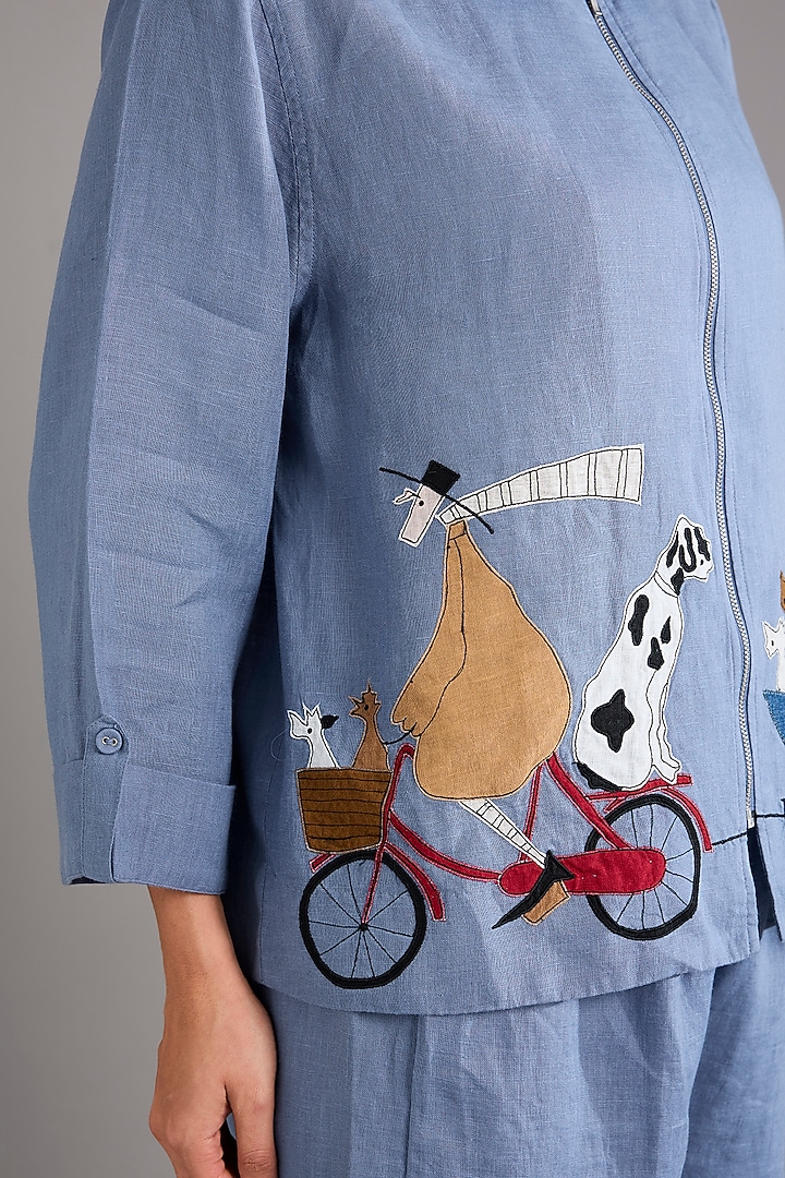 Mid Blue Linen Applique Embroidered Shacket by Linen Bloom at Pernia's Pop Up Shop