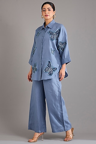 Mid Blue Linen Applique Embroidered Shirt by Linen Bloom