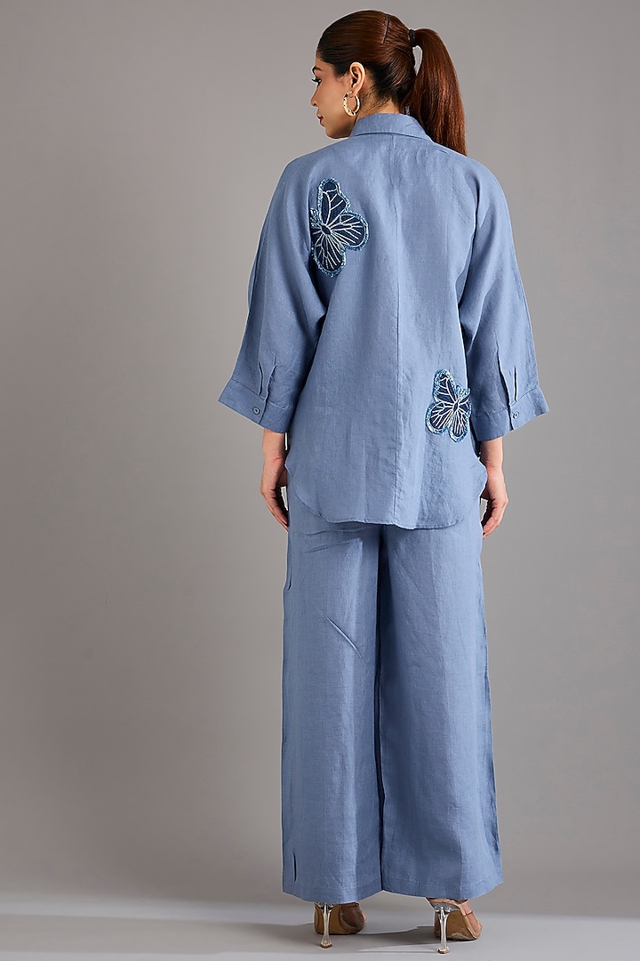 Mid Blue Linen Applique Embroidered Shirt by Linen Bloom at Pernia's Pop Up Shop