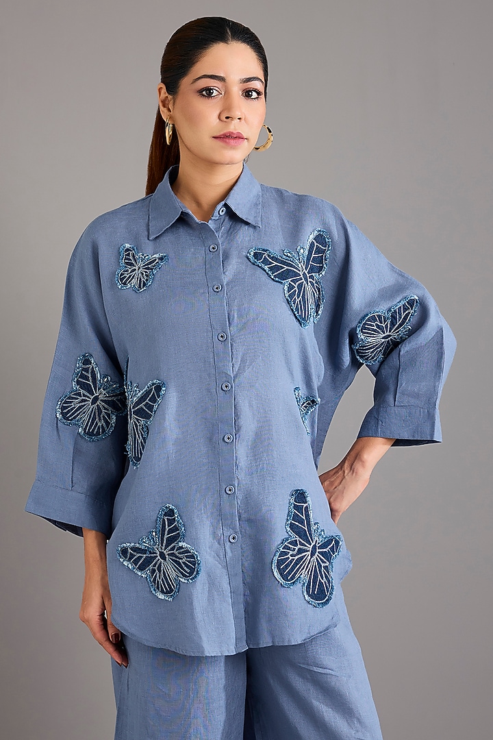 Mid Blue Linen Applique Embroidered Shirt by Linen Bloom at Pernia's Pop Up Shop