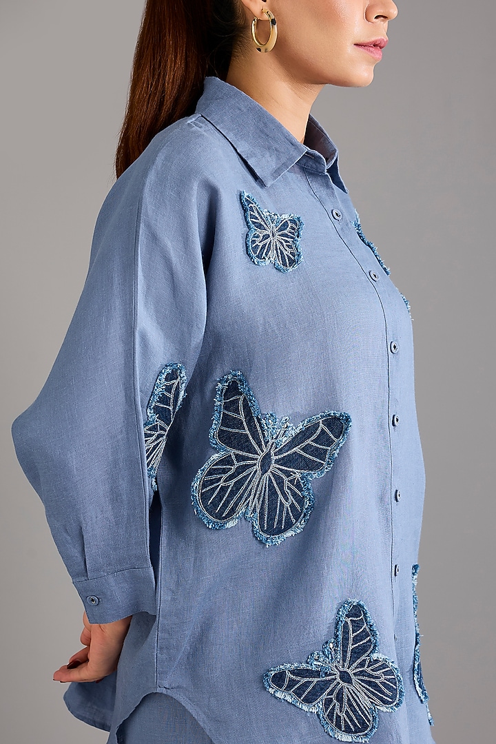 Mid Blue Linen Applique Embroidered Shirt by Linen Bloom at Pernia's Pop Up Shop