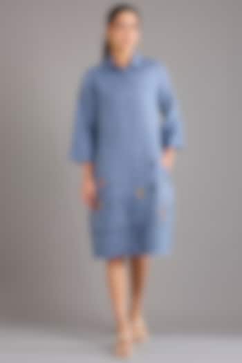 Mid Blue Linen Applique Embroidered Mini Vacation Dress by Linen Bloom at Pernia's Pop Up Shop