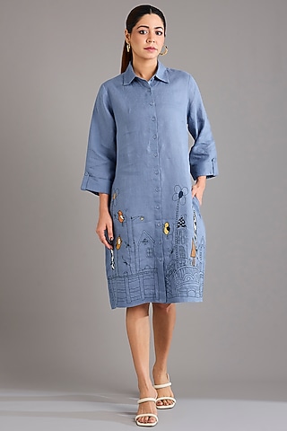 Mid Blue Linen Applique Embroidered Mini Dress by Linen Bloom