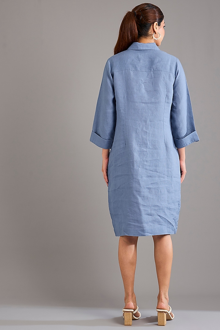 Mid Blue Linen Applique Embroidered Mini Vacation Dress by Linen Bloom at Pernia's Pop Up Shop