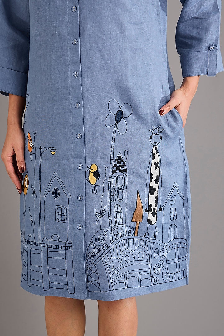 Mid Blue Linen Applique Embroidered Mini Vacation Dress by Linen Bloom at Pernia's Pop Up Shop