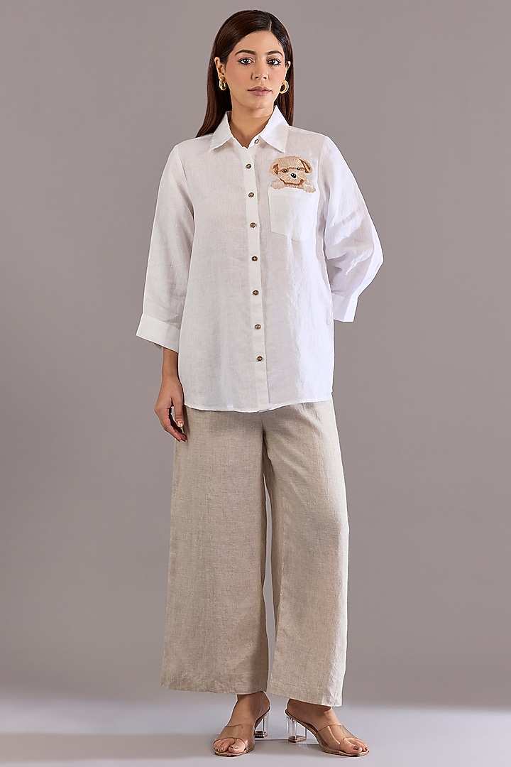 White Linen Embroidered Shirt by Linen Bloom at Pernia's Pop Up Shop