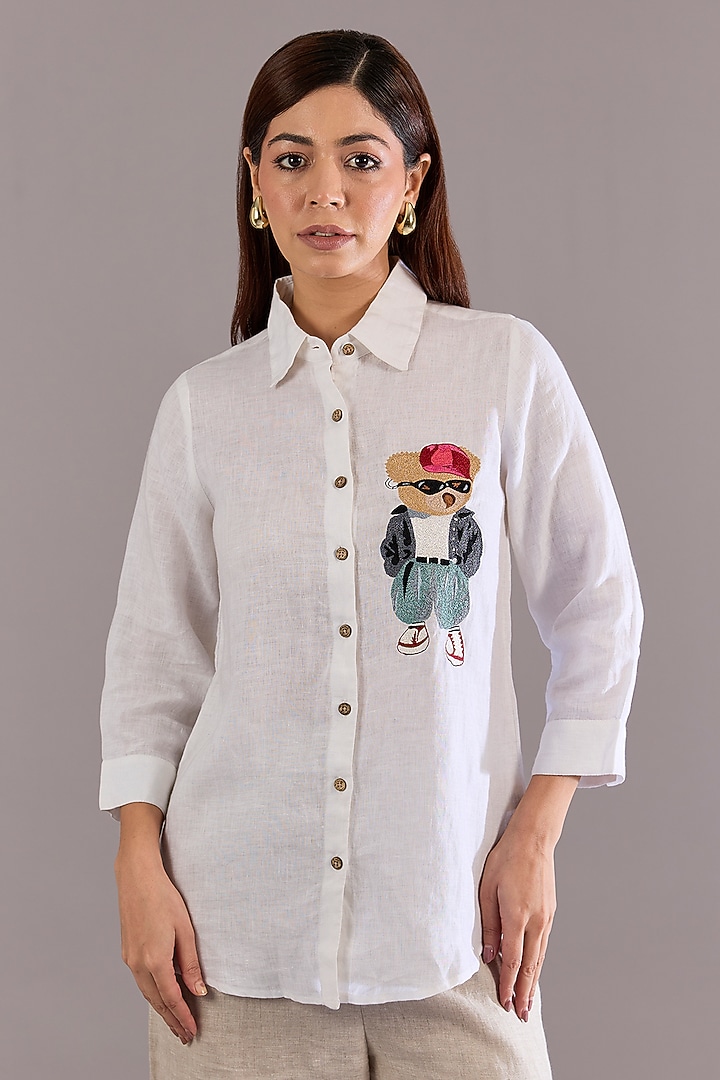 White Linen Embroidered Shirt by Linen Bloom at Pernia's Pop Up Shop