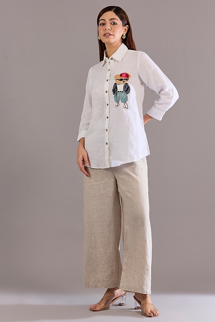 White Linen Embroidered Shirt by Linen Bloom at Pernia's Pop Up Shop
