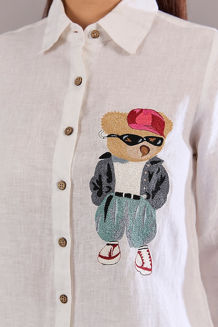 White Linen Embroidered Shirt by Linen Bloom at Pernia's Pop Up Shop