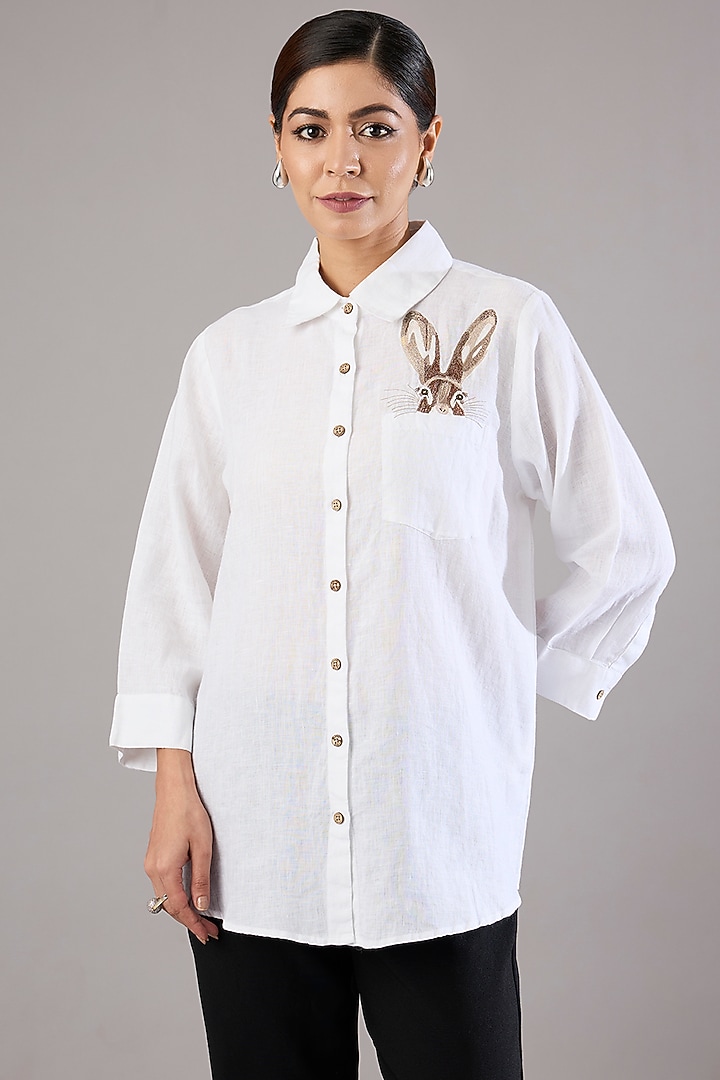 White Linen Embroidered Shirt by Linen Bloom at Pernia's Pop Up Shop