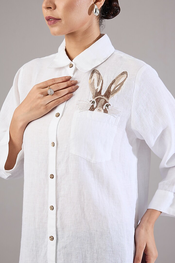 White Linen Embroidered Shirt by Linen Bloom at Pernia's Pop Up Shop