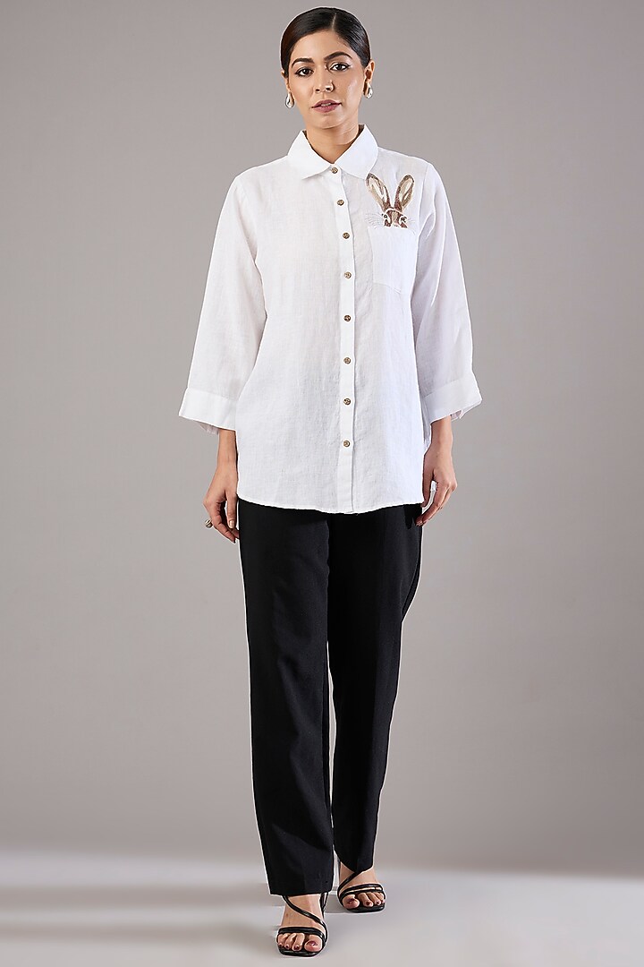 White Linen Embroidered Shirt by Linen Bloom at Pernia's Pop Up Shop