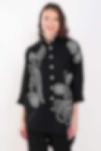 Black Linen Floral Embroidered Shirt by Linen Bloom at Pernia's Pop Up Shop