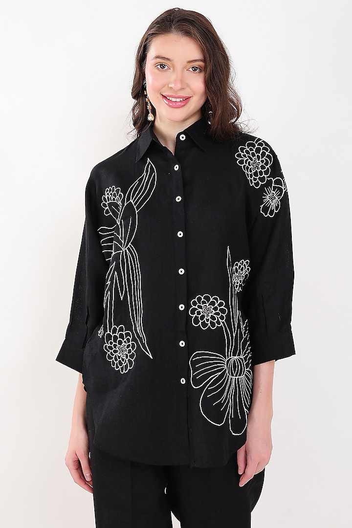 Black Linen Floral Embroidered Shirt by Linen Bloom at Pernia's Pop Up Shop