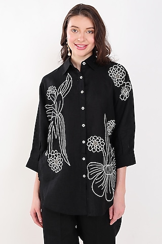 Black Linen Floral Embroidered Shirt by Linen Bloom