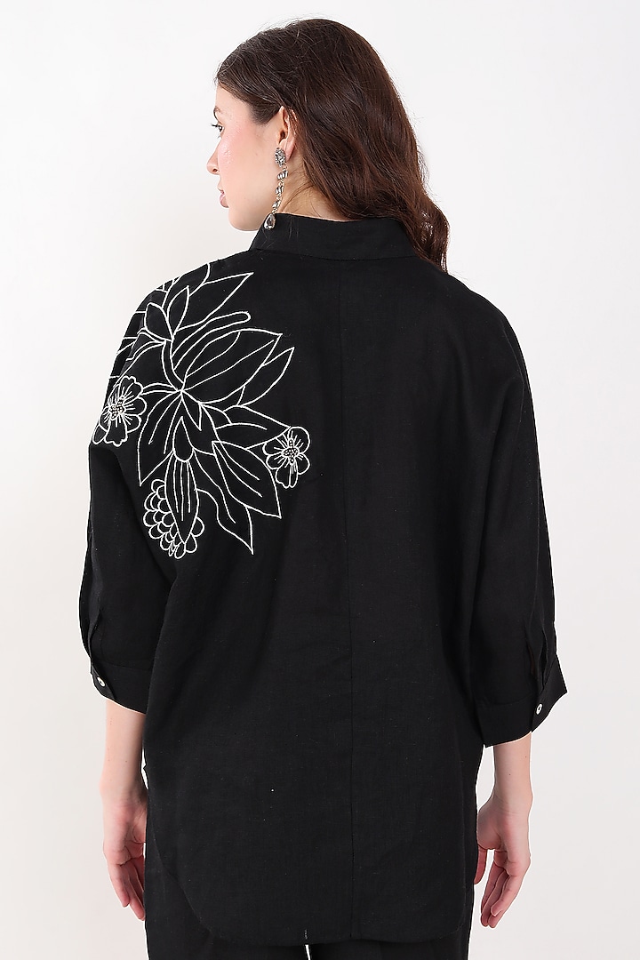 Black Linen Floral Embroidered Shirt by Linen Bloom at Pernia's Pop Up Shop