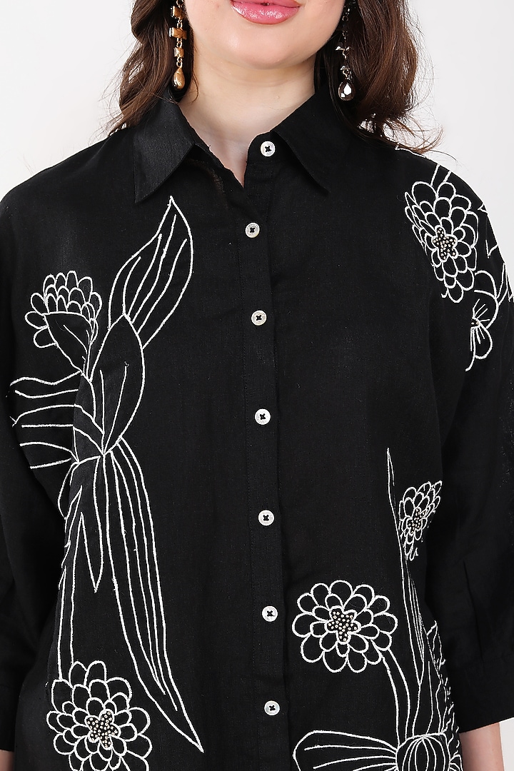 Black Linen Floral Embroidered Shirt by Linen Bloom at Pernia's Pop Up Shop