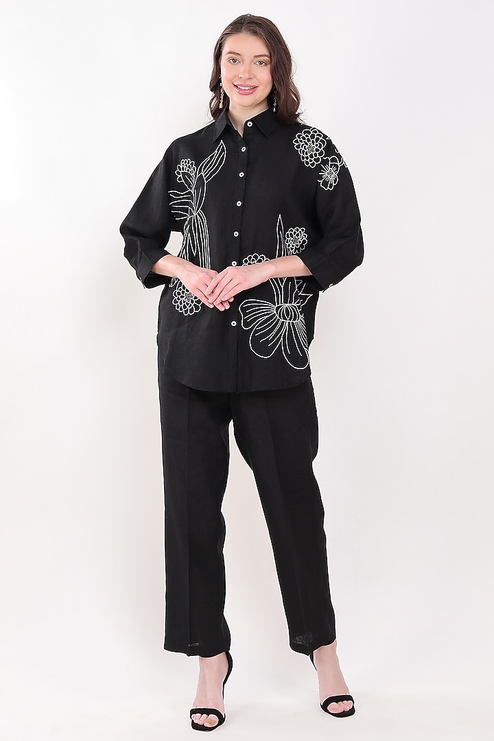 Black Linen Floral Embroidered Shirt by Linen Bloom at Pernia's Pop Up Shop
