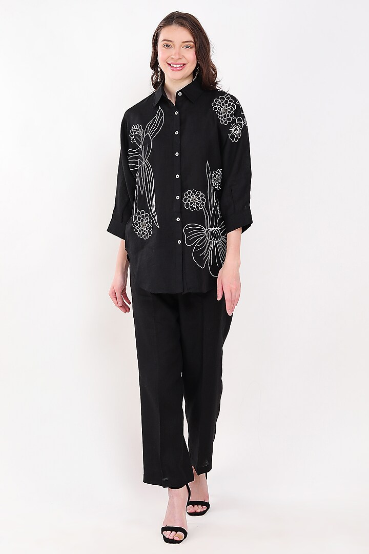 Black Linen Floral Embroidered Shirt by Linen Bloom at Pernia's Pop Up Shop