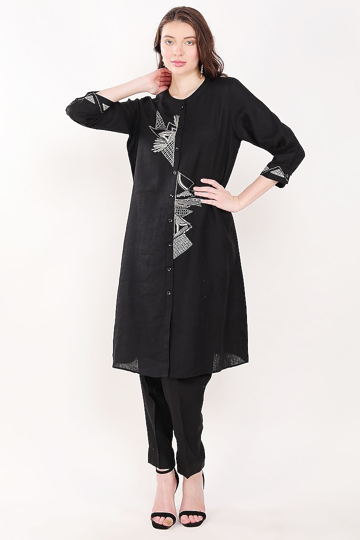 Black Linen Sequins Embroidered Tunic by Linen Bloom at Pernia's Pop Up Shop