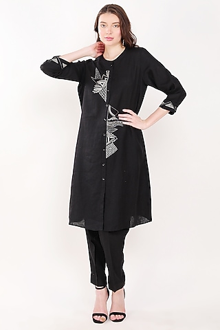 Black Linen Sequins Embroidered Tunic by Linen Bloom