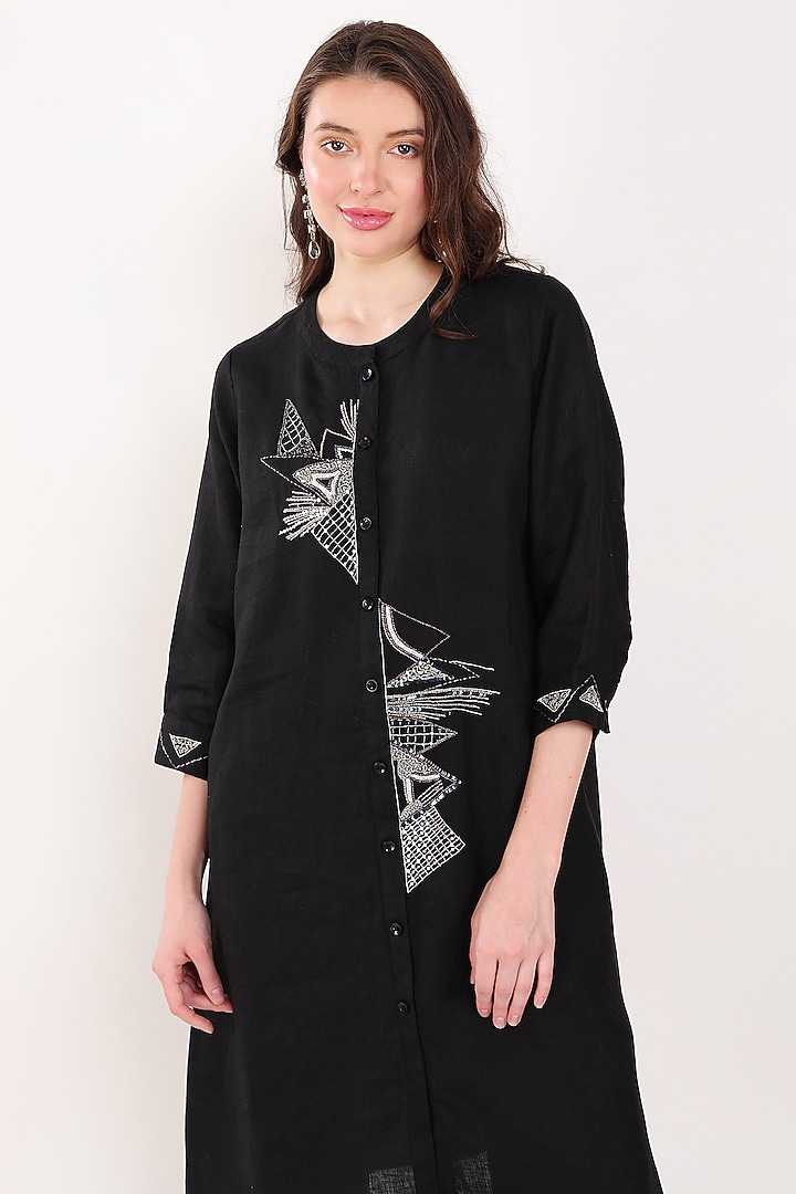 Black Linen Sequins Embroidered Tunic by Linen Bloom at Pernia's Pop Up Shop