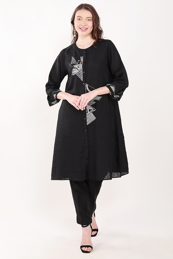 Black Linen Sequins Embroidered Tunic by Linen Bloom at Pernia's Pop Up Shop
