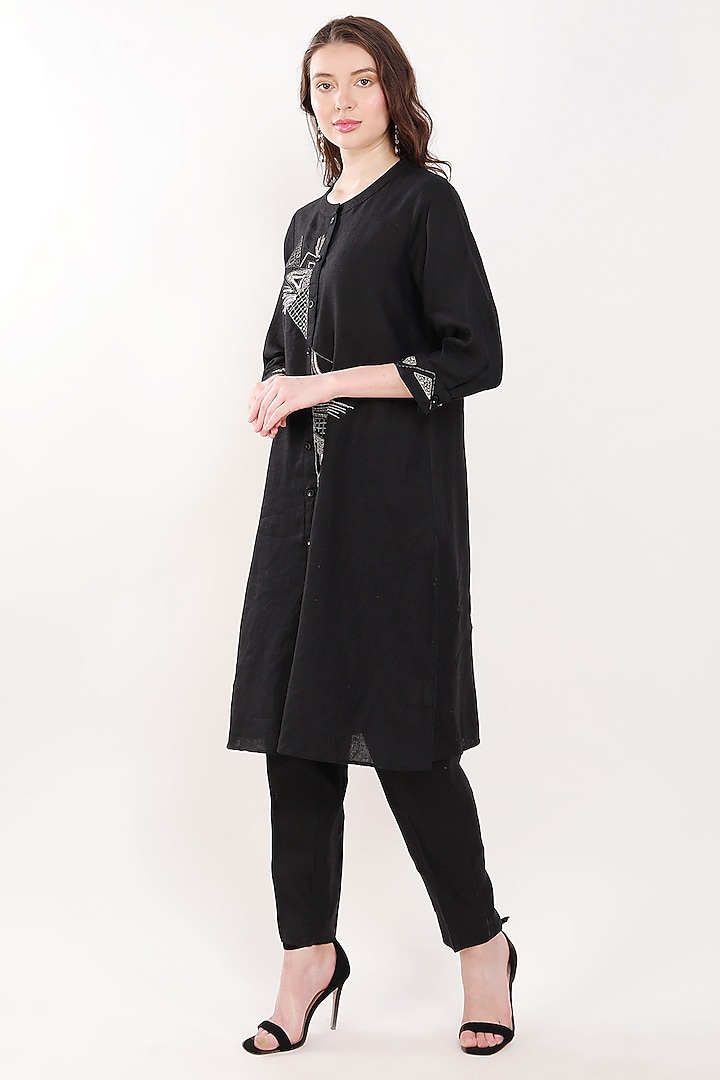 Black Linen Sequins Embroidered Tunic by Linen Bloom at Pernia's Pop Up Shop