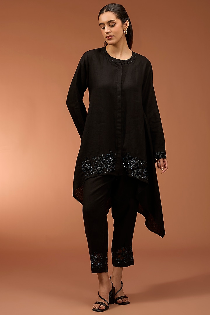 Black Linen Sequins Embroidered High-Low Tunic Set by Linen Bloom at Pernia's Pop Up Shop