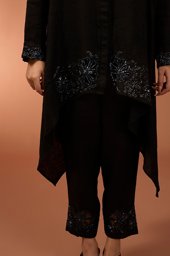 Black Linen Sequins Embroidered High-Low Tunic Set by Linen Bloom at Pernia's Pop Up Shop