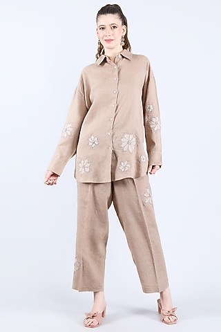 Khaki Pure Linen Pant Set by Linen Bloom