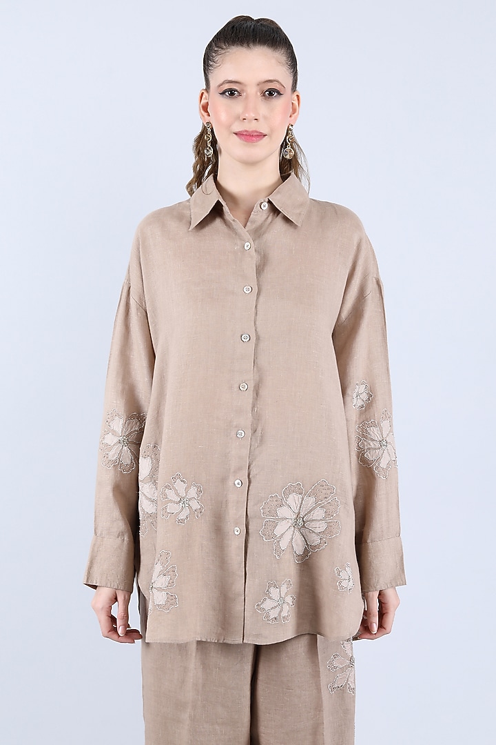 Khaki Pure Linen Pant Set by Linen Bloom at Pernia's Pop Up Shop