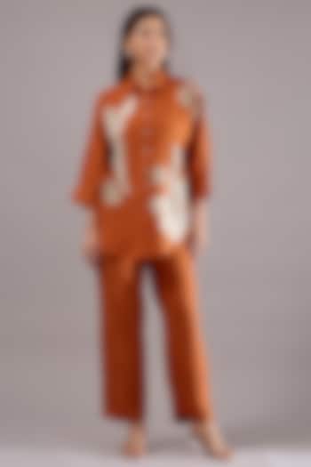 Orange Linen Applique Embroidered Co-Ord Set by Linen Bloom at Pernia's Pop Up Shop