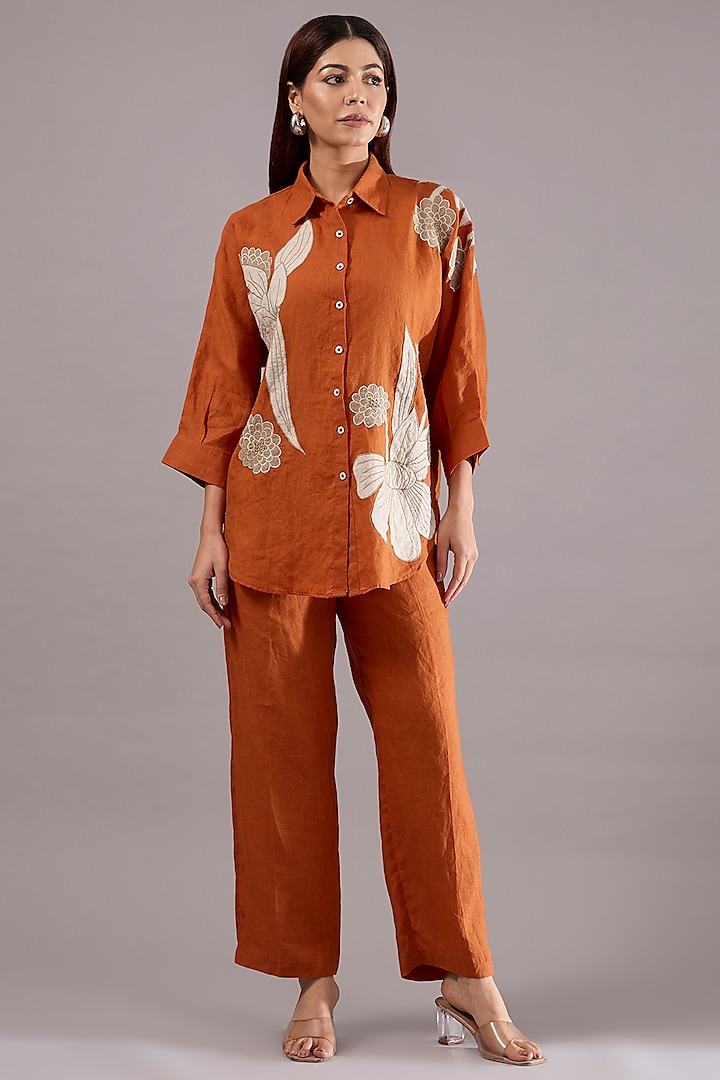 Orange Linen Applique Embroidered Co-Ord Set by Linen Bloom at Pernia's Pop Up Shop