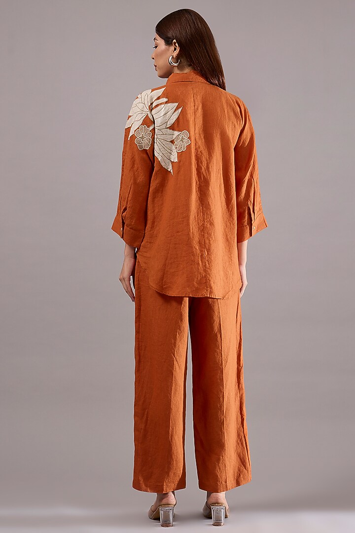 Orange Linen Applique Embroidered Co-Ord Set by Linen Bloom at Pernia's Pop Up Shop