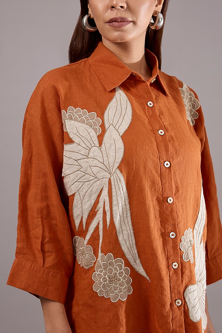 Orange Linen Applique Embroidered Co-Ord Set by Linen Bloom at Pernia's Pop Up Shop