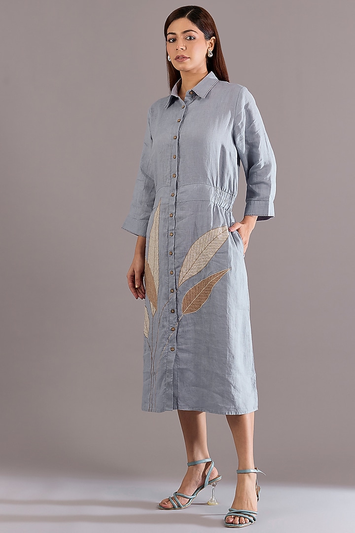 Cool Blue Linen Leaf Embroidered Vacation Dress by Linen Bloom at Pernia's Pop Up Shop