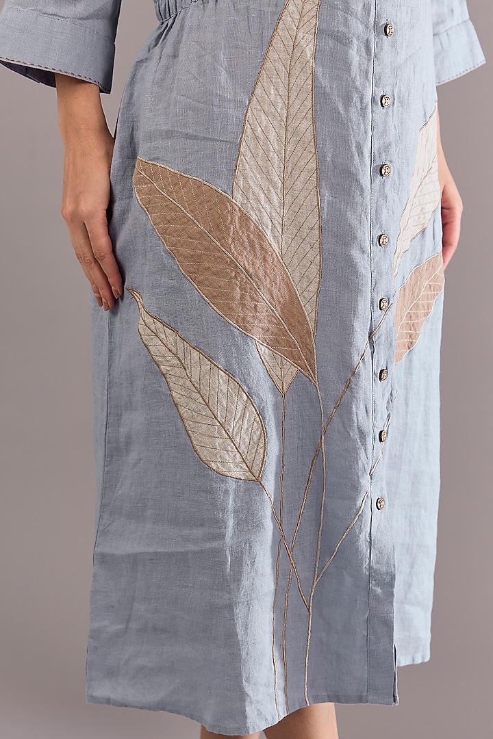 Cool Blue Linen Leaf Embroidered Vacation Dress by Linen Bloom at Pernia's Pop Up Shop