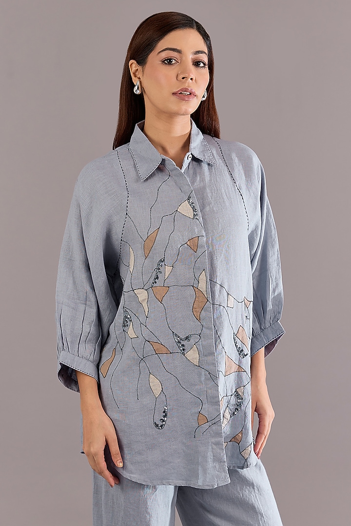 Cool Blue Linen Mosaic Embroidered Shirt by Linen Bloom at Pernia's Pop Up Shop