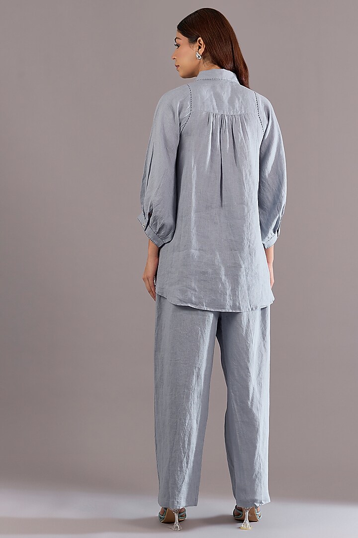 Cool Blue Linen Mosaic Embroidered Shirt by Linen Bloom at Pernia's Pop Up Shop