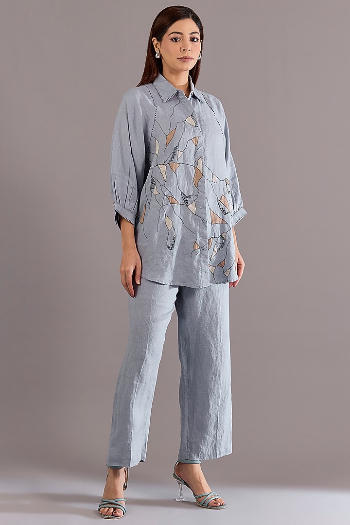 Cool Blue Linen Mosaic Embroidered Shirt by Linen Bloom at Pernia's Pop Up Shop