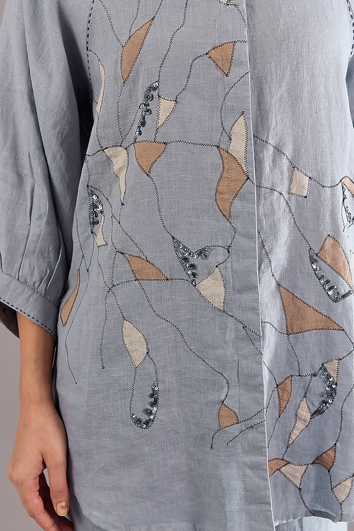 Cool Blue Linen Mosaic Embroidered Shirt by Linen Bloom at Pernia's Pop Up Shop