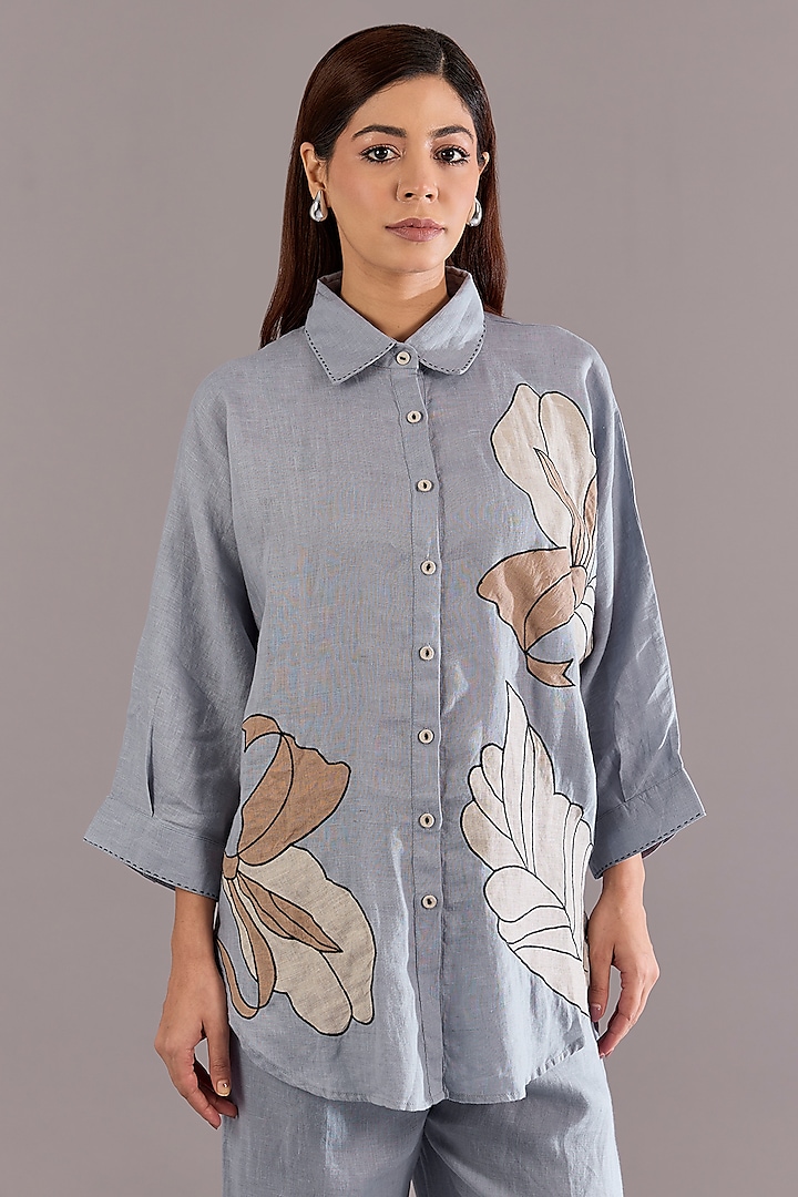 Cool Blue Linen Embroidered Shirt by Linen Bloom at Pernia's Pop Up Shop