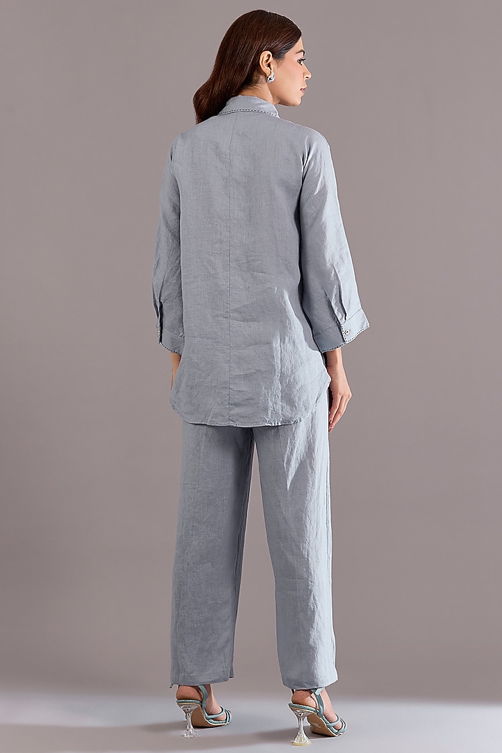 Cool Blue Linen Embroidered Shirt by Linen Bloom at Pernia's Pop Up Shop
