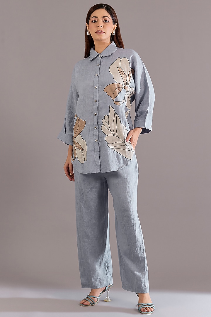 Cool Blue Linen Embroidered Shirt by Linen Bloom at Pernia's Pop Up Shop