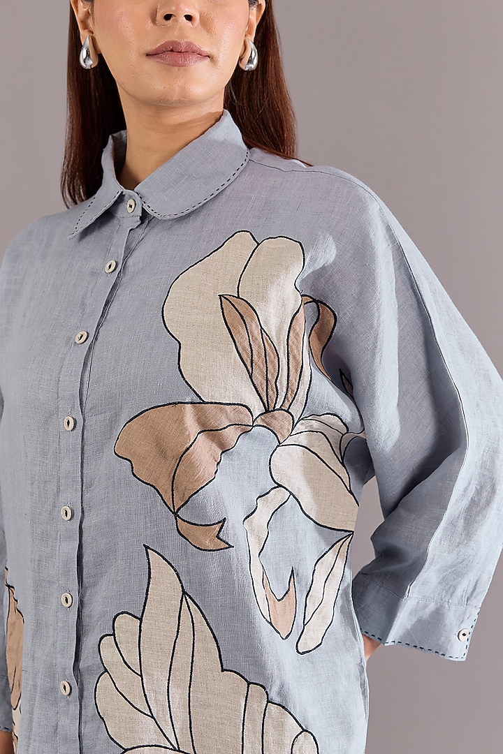 Cool Blue Linen Embroidered Shirt by Linen Bloom at Pernia's Pop Up Shop