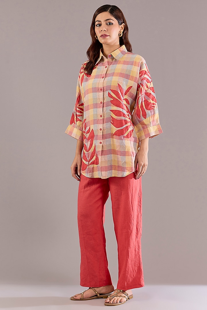 Coral & Ochre Pure Linen Applique Embroidered Shirt by Linen Bloom at Pernia's Pop Up Shop