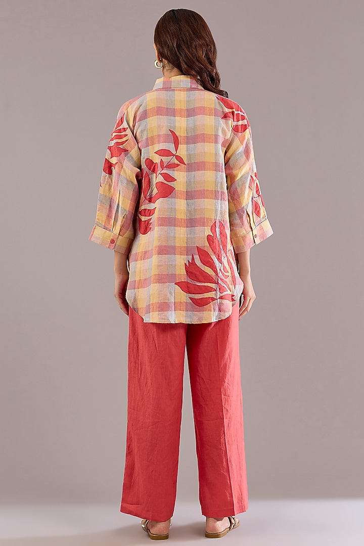 Coral & Ochre Pure Linen Applique Embroidered Shirt by Linen Bloom at Pernia's Pop Up Shop