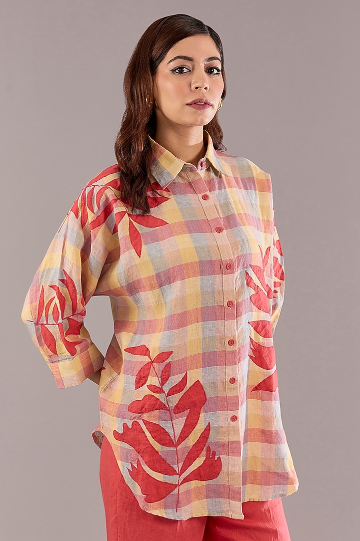 Coral & Ochre Pure Linen Applique Embroidered Shirt by Linen Bloom at Pernia's Pop Up Shop