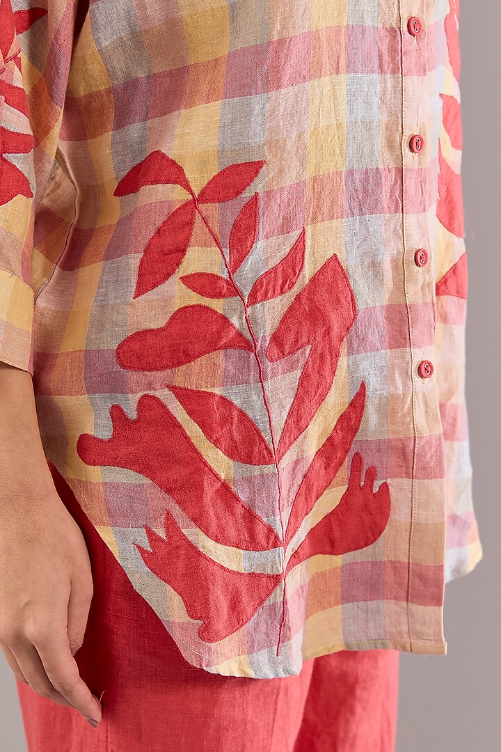 Coral & Ochre Pure Linen Applique Embroidered Shirt by Linen Bloom at Pernia's Pop Up Shop
